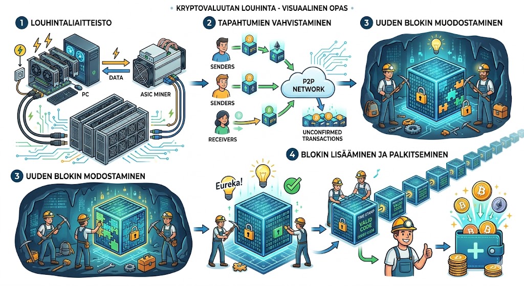 Mitä on kryptovaluutan louhinta? Kattava opas Louhinnan maailmaan 2026